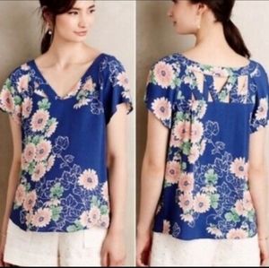 Anthropologie Maeve Blue Floral Cut out Blouse Top Shirt Size 0